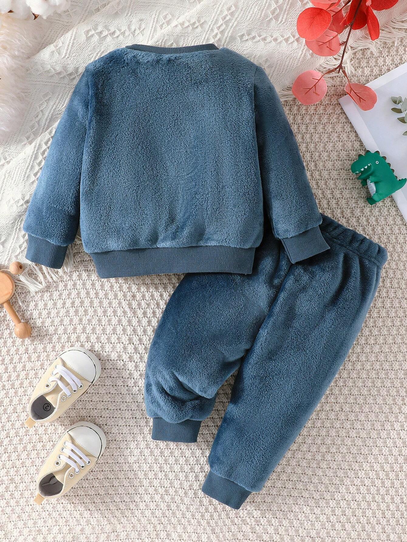 Baby Boy Dinosaur Embroidery Flannel Sweatshirt & Pants