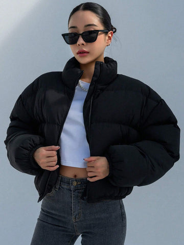 DAZY Drop Shoulder Zipper Puffer Thick Pockets Coat