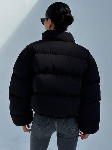 DAZY Drop Shoulder Zipper Puffer Thick Pockets Coat