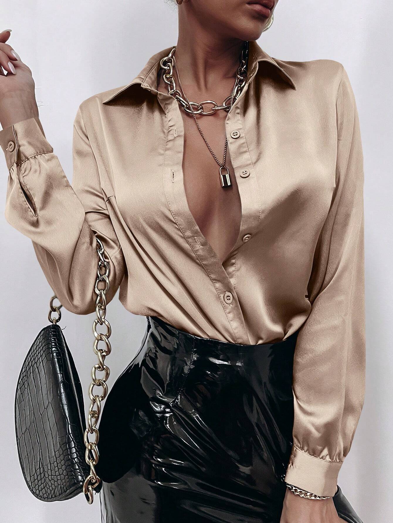 Privé Satin Solid Button Front Shirt