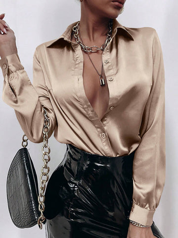Privé Satin Solid Button Front Shirt