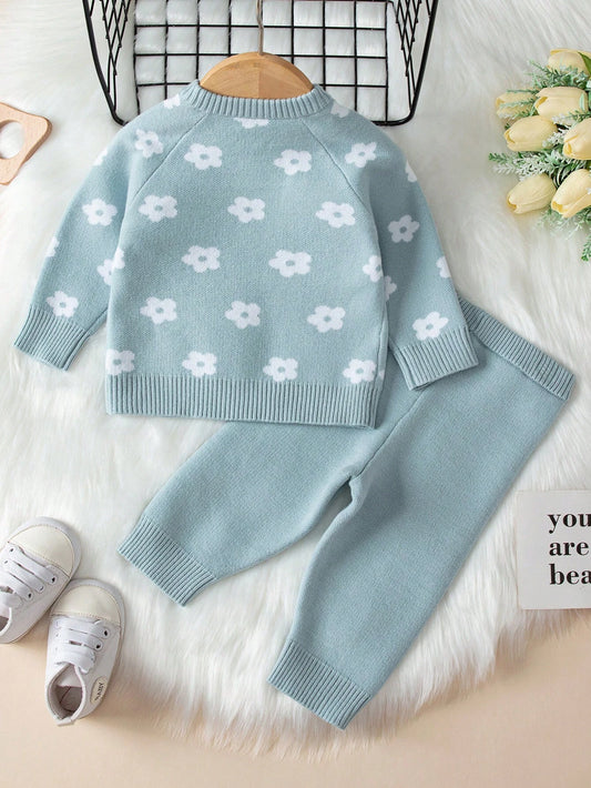 Baby Girl Floral Pattern Raglan Sleeve Sweater & Knit Pants