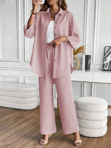 LUNE Solid Button Front Shirt & Wide Leg Pants