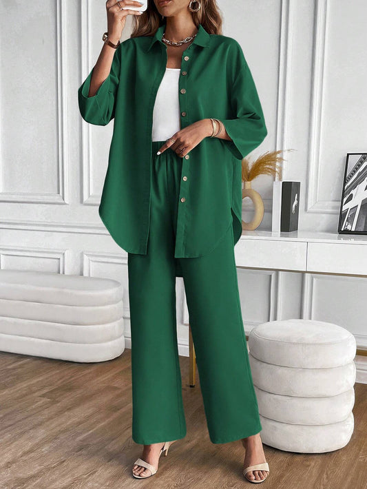 LUNE Solid Button Front Shirt & Wide Leg Pants