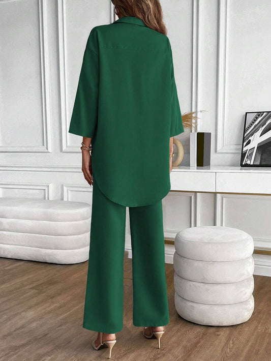 LUNE Solid Button Front Shirt & Wide Leg Pants