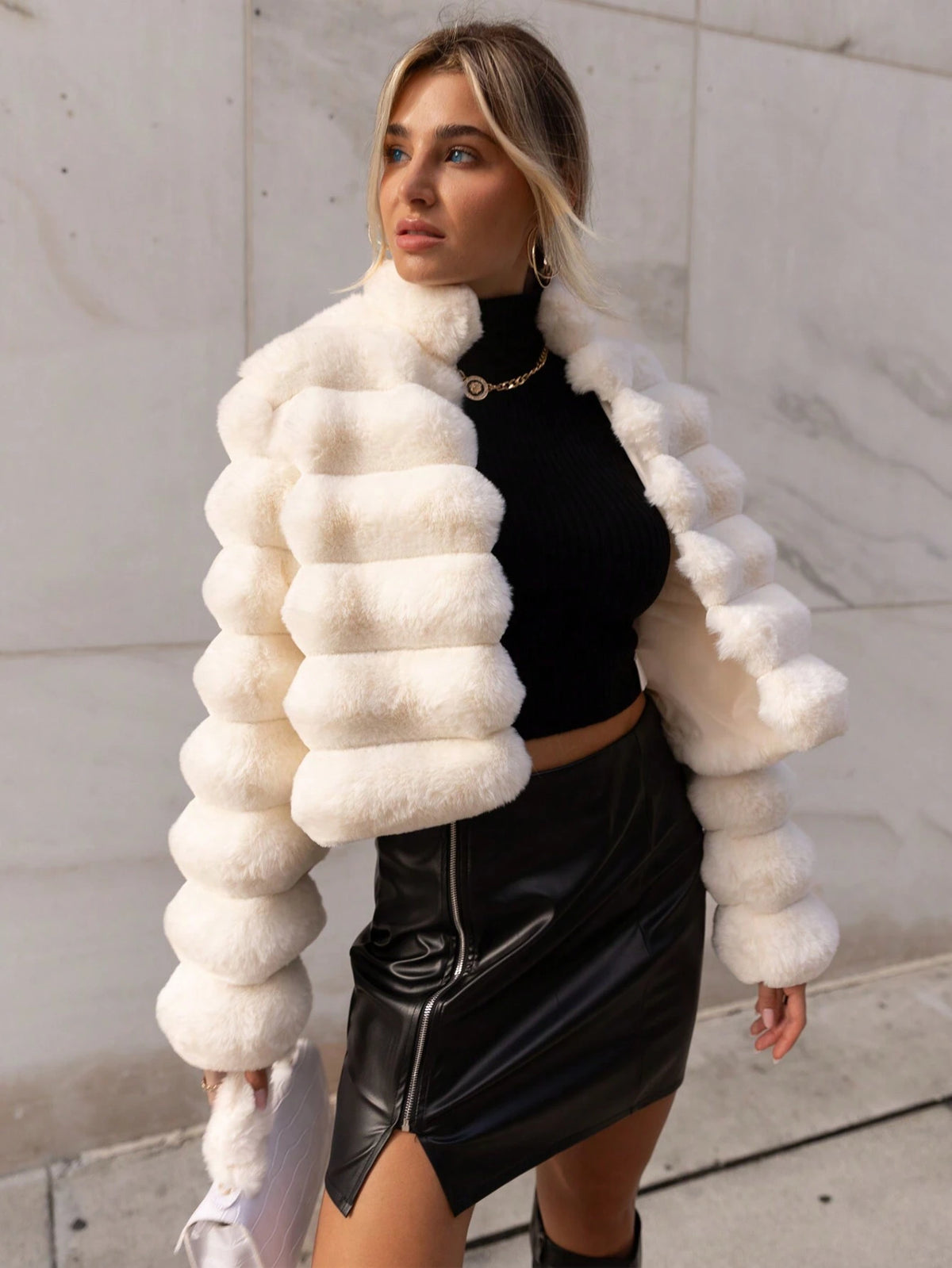 Firerie Going Out Solid Open Front Crop Fuzzy Coat