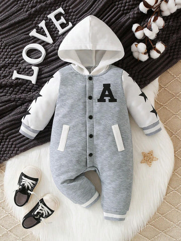 Baby Boy Letter Graphic Colorblock Hooded Jumpsuit