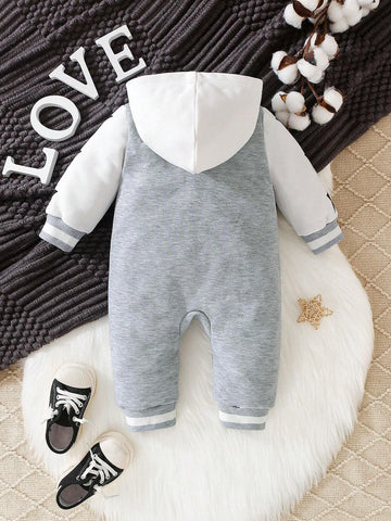 Baby Boy Letter Graphic Colorblock Hooded Jumpsuit