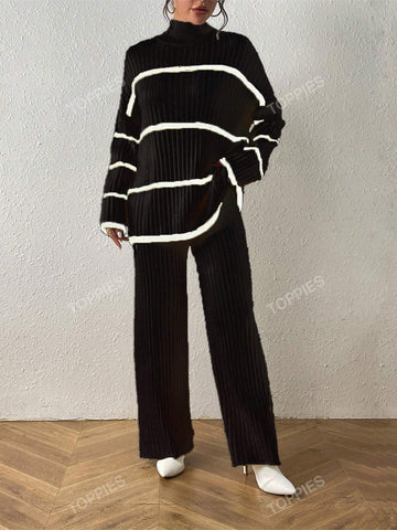 Striped Pattern Drop Shoulder Sweater & Knit Pants