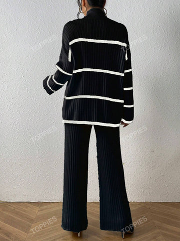 Striped Pattern Drop Shoulder Sweater & Knit Pants