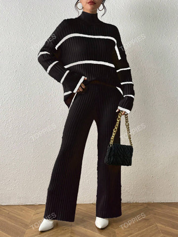 Striped Pattern Drop Shoulder Sweater & Knit Pants