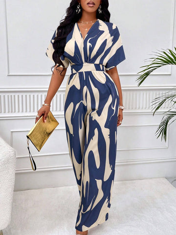 Lyxana Allover Print Batwing Sleeve Shirt Jumpsuit