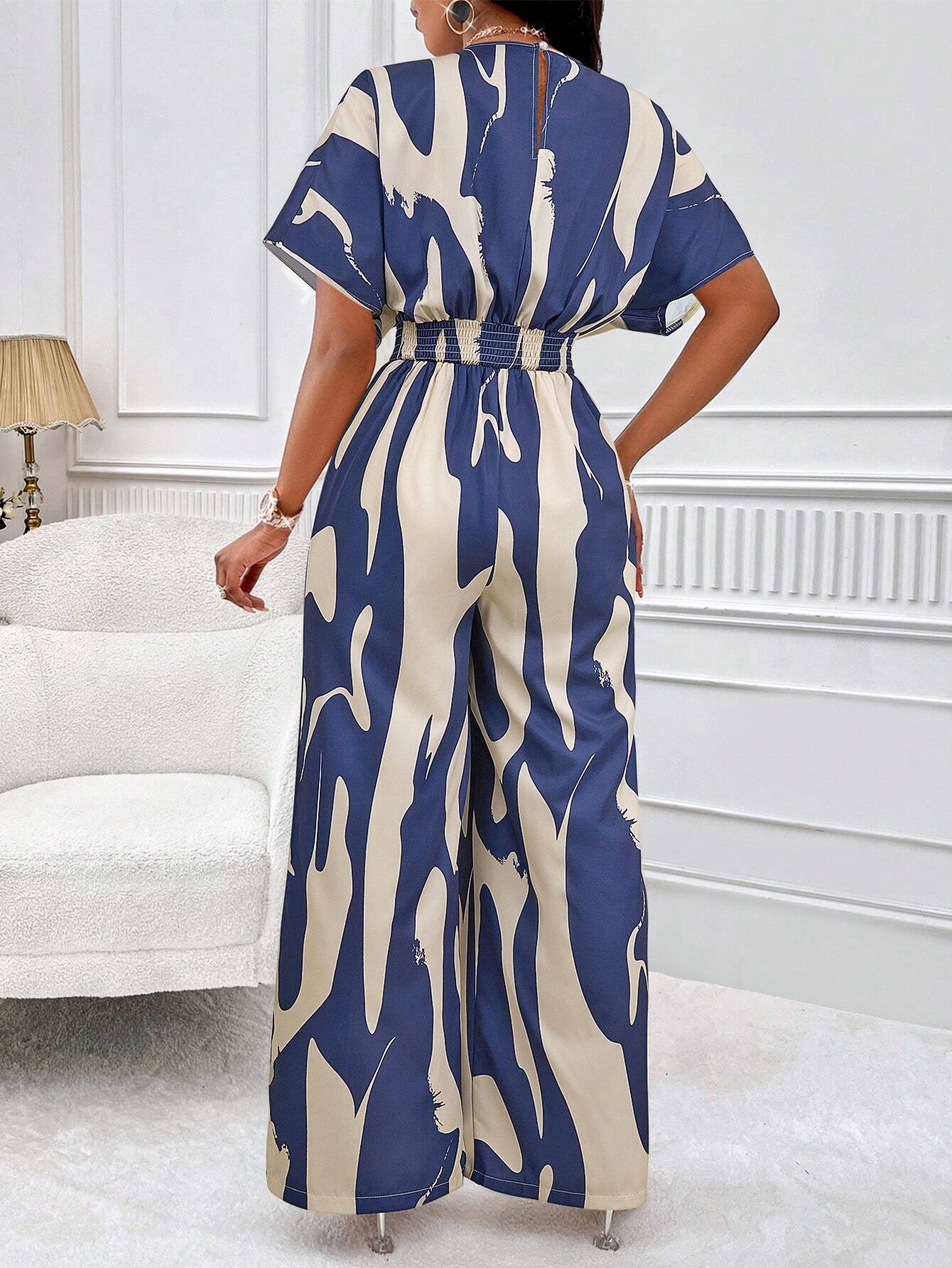 Lyxana Allover Print Batwing Sleeve Shirt Jumpsuit