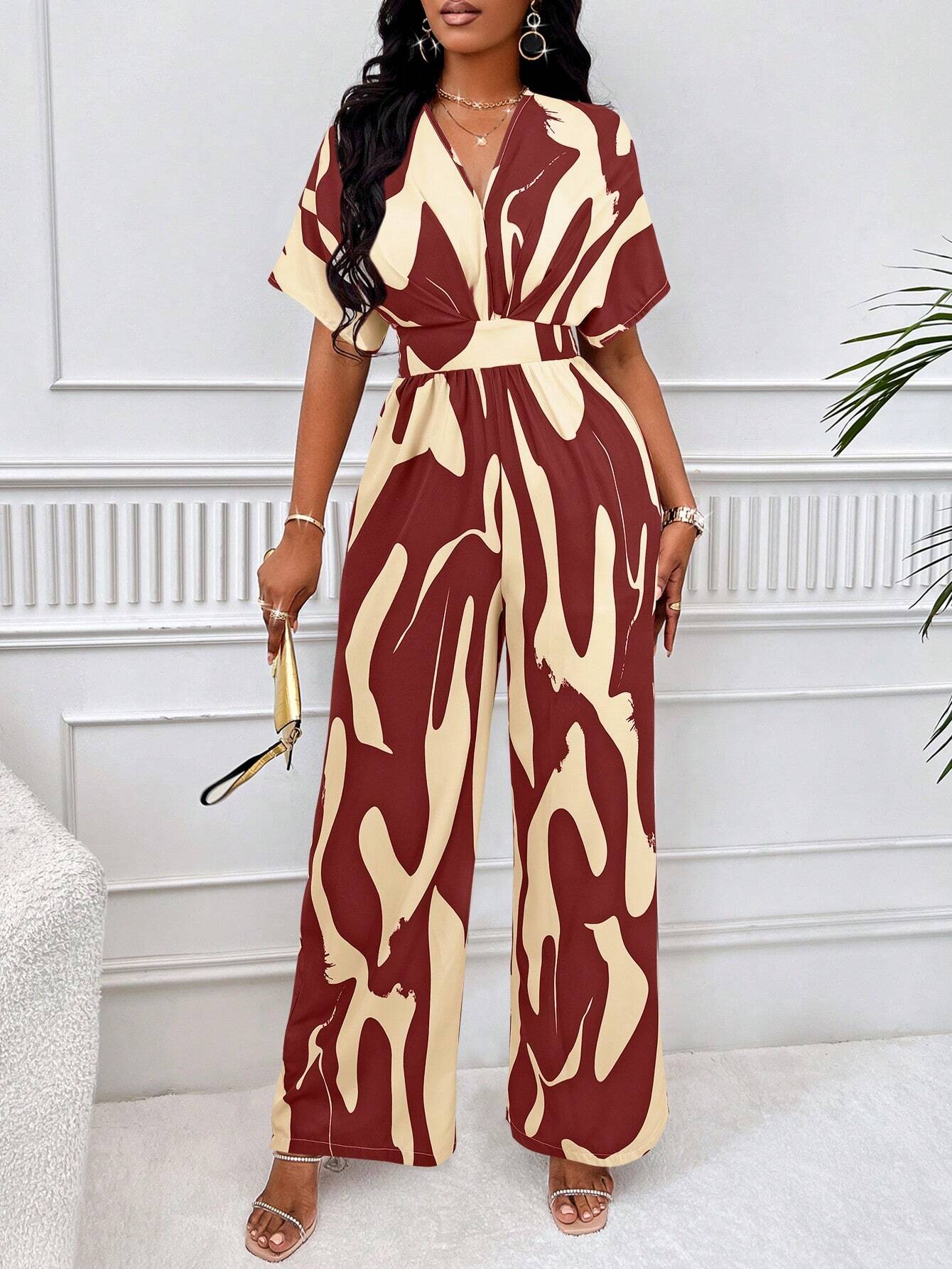Lyxana Allover Print Batwing Sleeve Shirt Jumpsuit