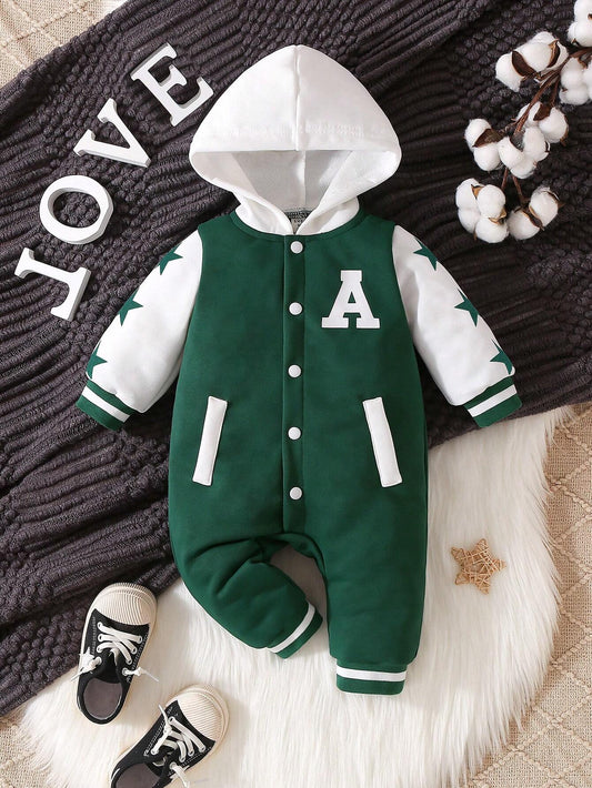 Baby Boy Letter Graphic Colorblock Hooded Jumpsuit