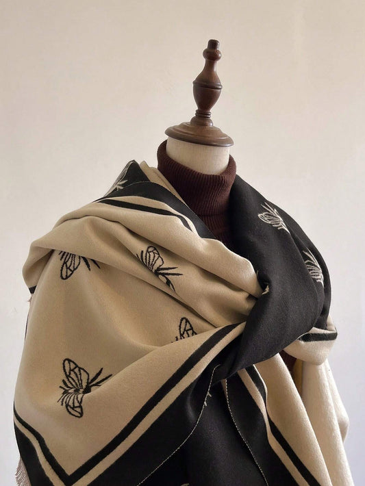 Cute 1pc Women's Double-Sided Imitation Cashmere Black And Beige Bee Jacquard Warm Scarf Shawl