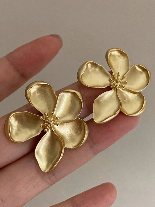 1pair Exaggerated European & American Style Metal Flower Stud Earrings