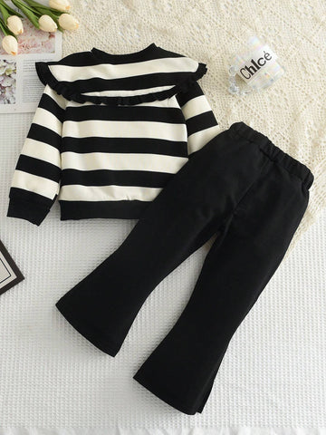 2pcs/set Young Girls' Casual Striped Top With Oversized Collar And Solid Color Flared Pants