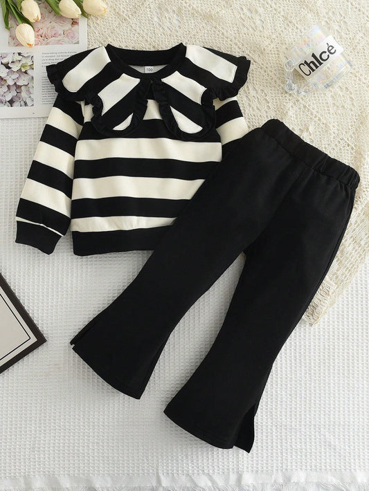 2pcs/set Young Girls' Casual Striped Top With Oversized Collar And Solid Color Flared Pants