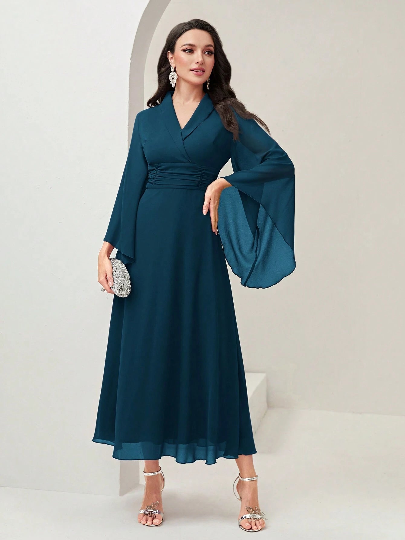 Modely Surplice Neck Flounce Sleeve Ruched Waist Dress