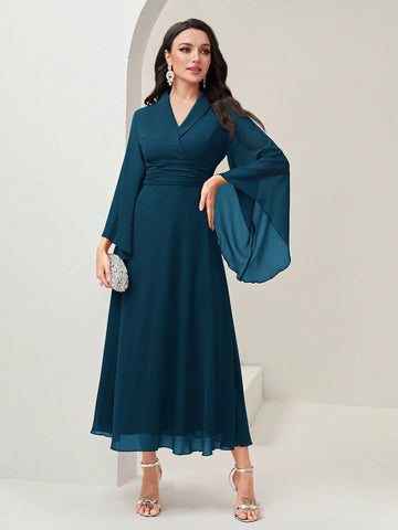 Modely Surplice Neck Flounce Sleeve Ruched Waist Dress