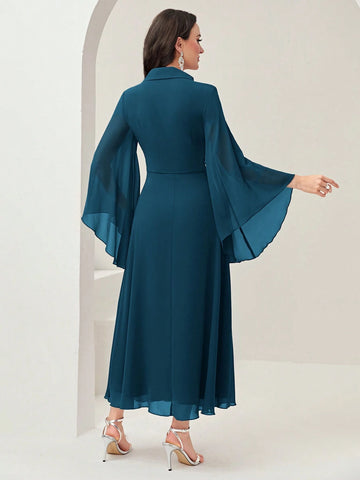 Modely Surplice Neck Flounce Sleeve Ruched Waist Dress