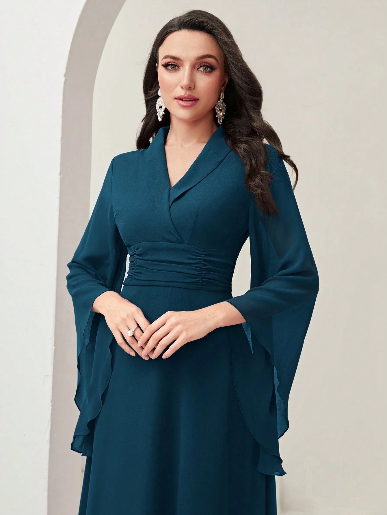 Modely Surplice Neck Flounce Sleeve Ruched Waist Dress