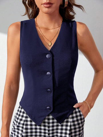 Tall Women's Sleeveless Single-Breasted Vest With V-Neck