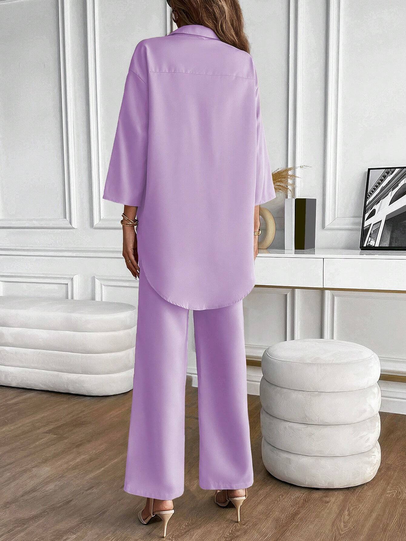 LUNE Solid Button Front Shirt & Wide Leg Pants
