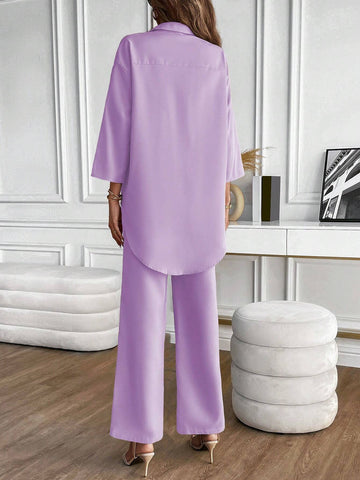 LUNE Solid Button Front Shirt & Wide Leg Pants