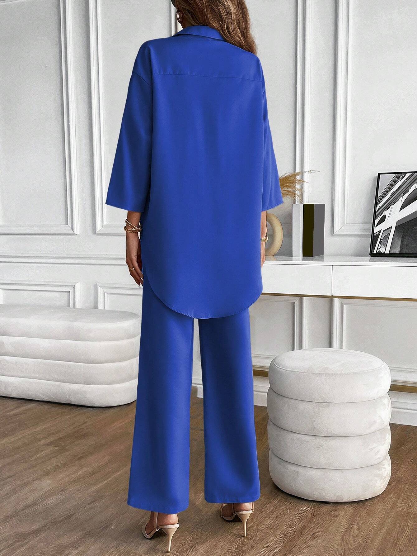 LUNE Solid Button Front Shirt & Wide Leg Pants