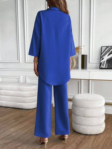 LUNE Solid Button Front Shirt & Wide Leg Pants