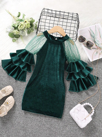 Young Girl Contrast Mesh Layer Sleeve Velvet Dress