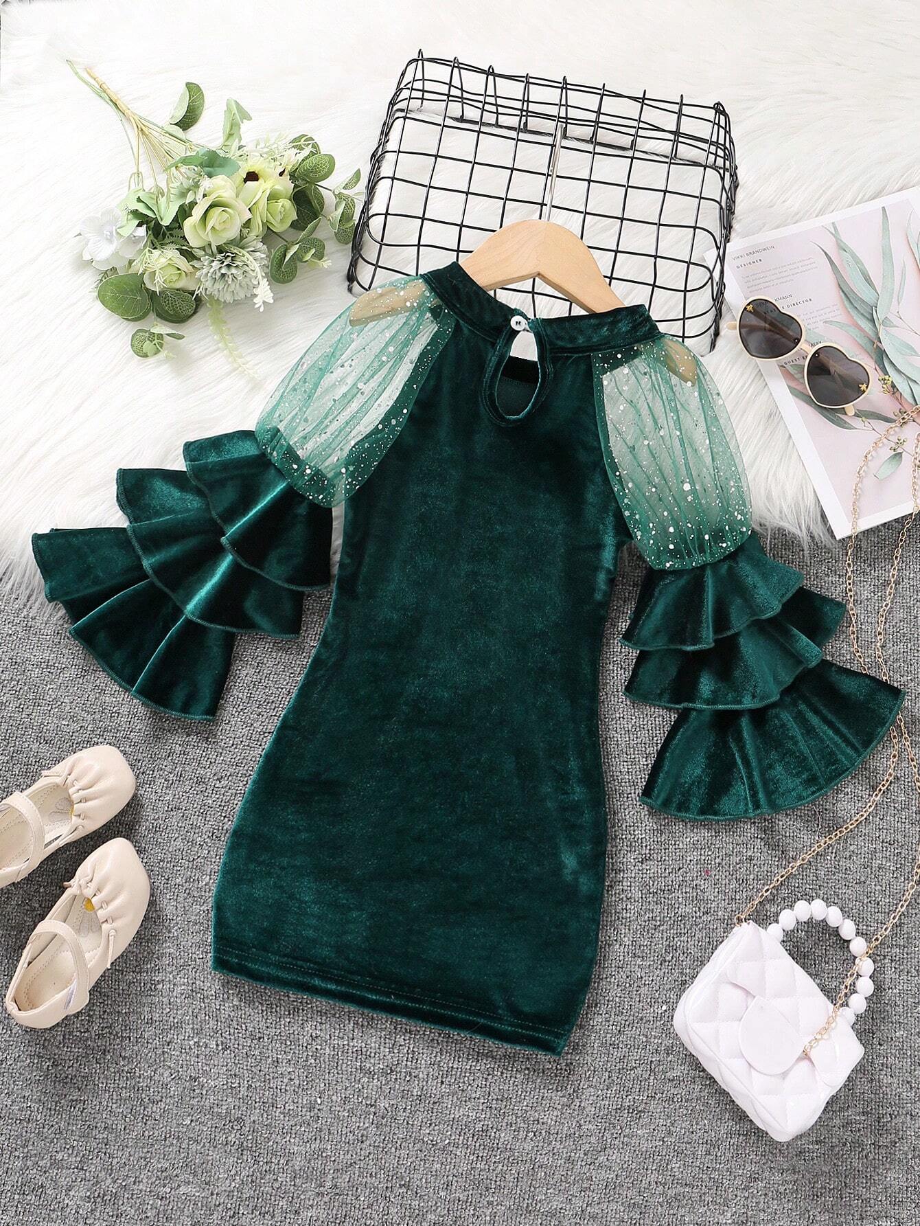 Young Girl Contrast Mesh Layer Sleeve Velvet Dress