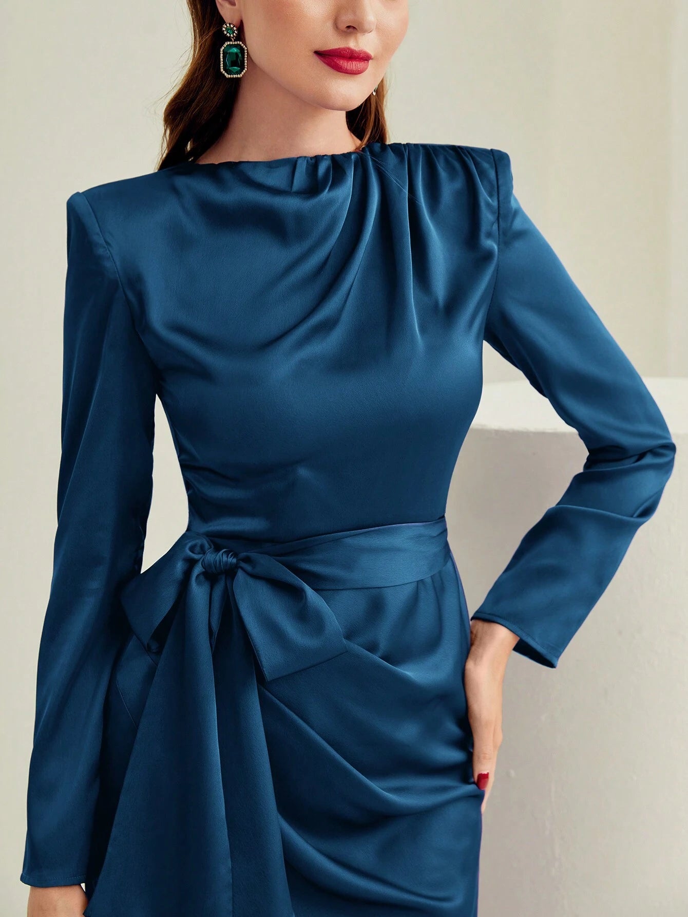 Modely Solid Belted Satin Dress