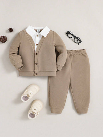 2pcs/Set Casual Knit Splice Lapel Jacket And Pants Suit For Baby Boys