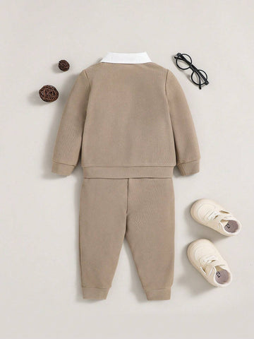 2pcs/Set Casual Knit Splice Lapel Jacket And Pants Suit For Baby Boys