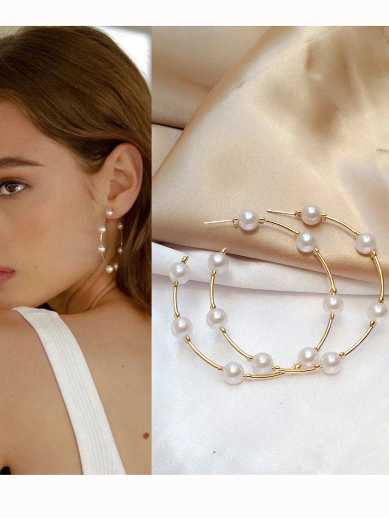 1pair New Style Large Circle Creative Vintage Faux Pearl Hoop Earrings