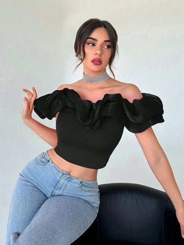 Aloruh Women's Exaggerated Off Shoulder Cropped Top