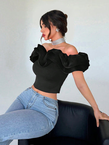 Aloruh Women's Exaggerated Off Shoulder Cropped Top