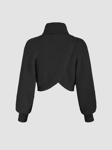 High Neck Solid Knitted Long Sleeve Crop Sweater