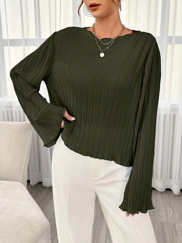 Essnce Boat Neck Trumpet Sleeve Lettuce Trim Plisse Blouse