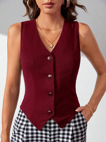 Tall Women's Sleeveless Single-Breasted Vest With V-Neck