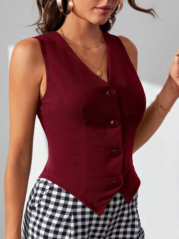 Tall Women's Sleeveless Single-Breasted Vest With V-Neck