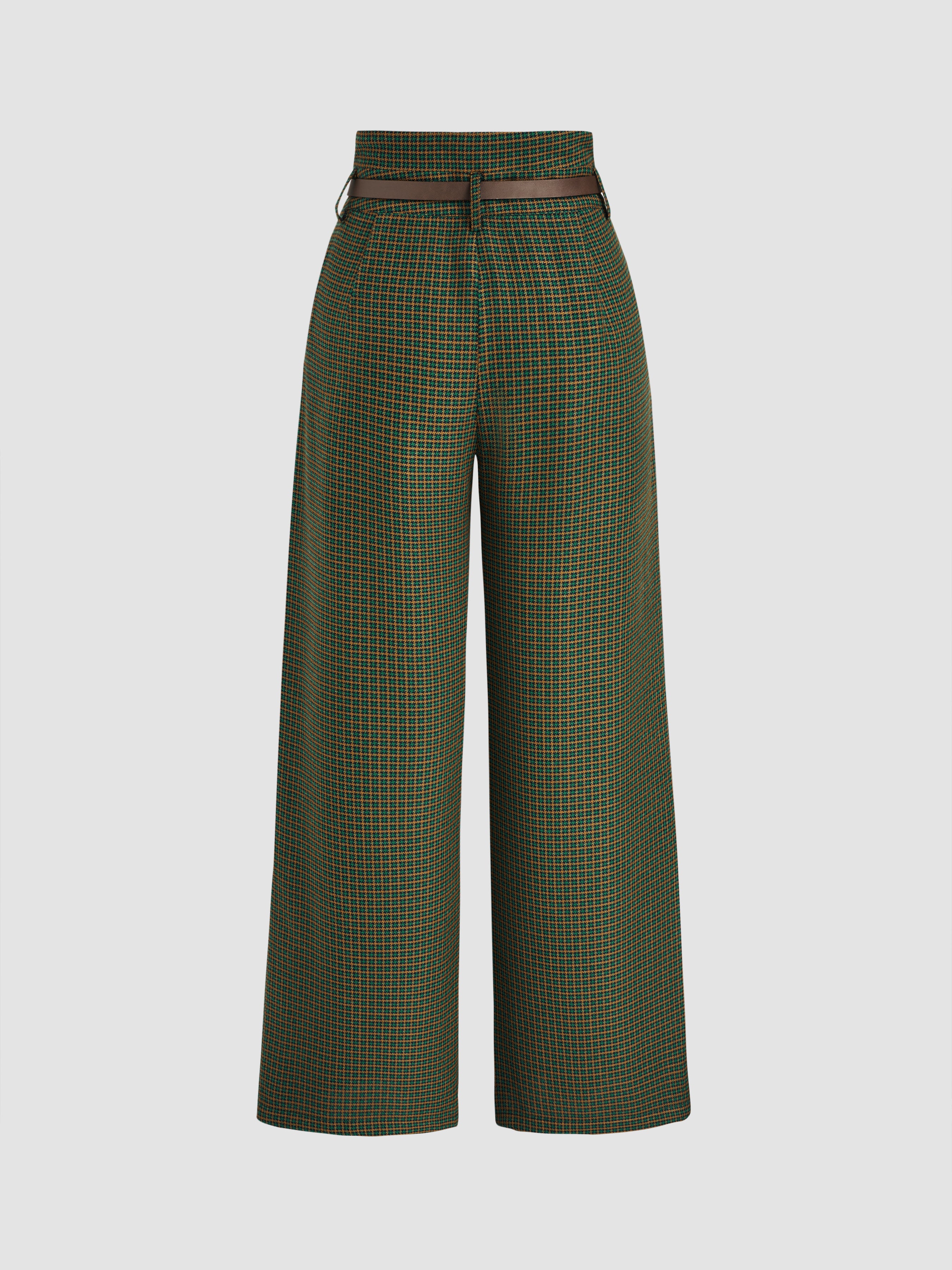 Houndstooth High Waist Belted Wide Leg Trousers