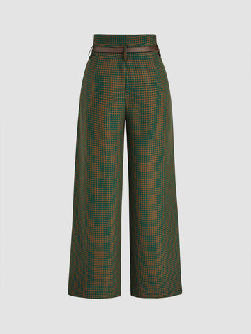 Houndstooth High Waist Belted Wide Leg Trousers