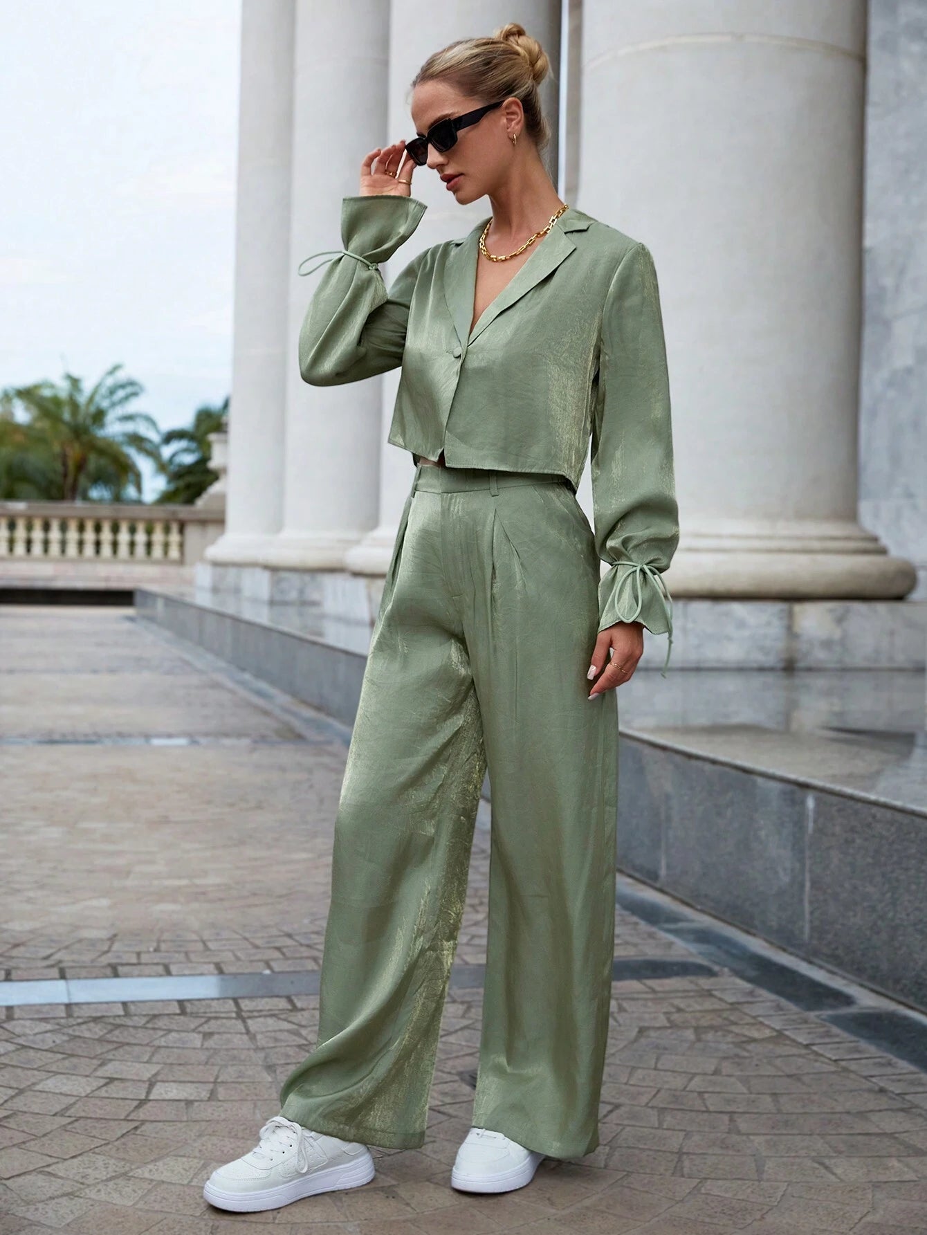 Essnce Lapel Neck Flounce Sleeve Blouse & Wide Leg Pants