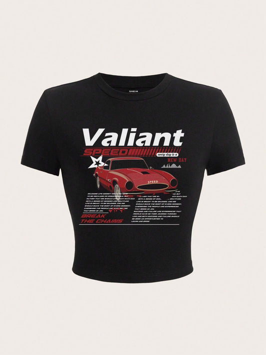 EZwear Casual Simple Car Print Round Neck Short Sleeve Slim Fit Crop Top