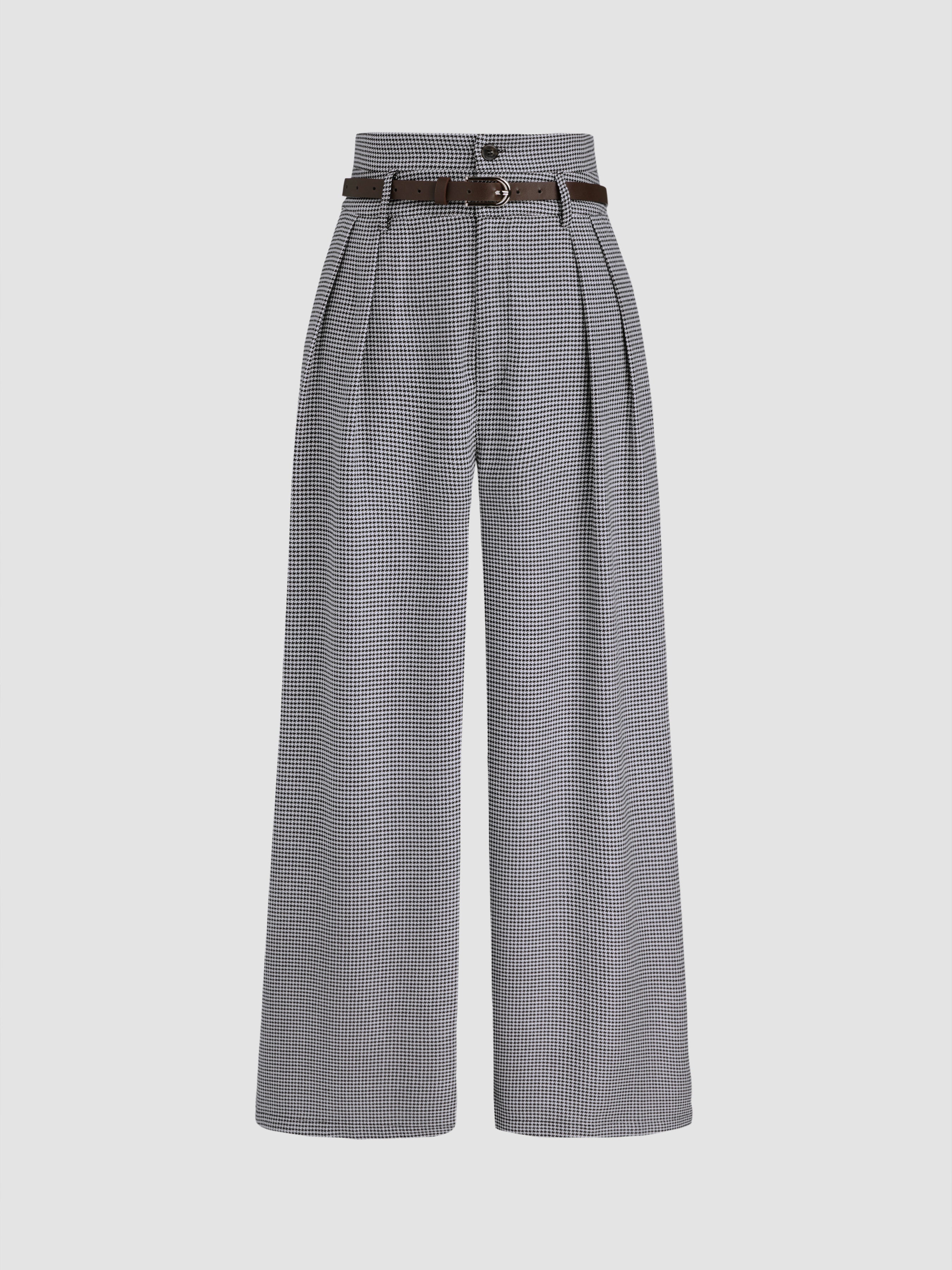 Houndstooth High Waist Belted Wide Leg Trousers