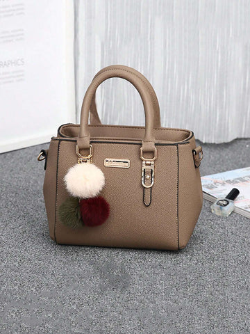 Waterproof,Lightweight,Business Casual Fuzzy Pompom Metal Decor Square Bag